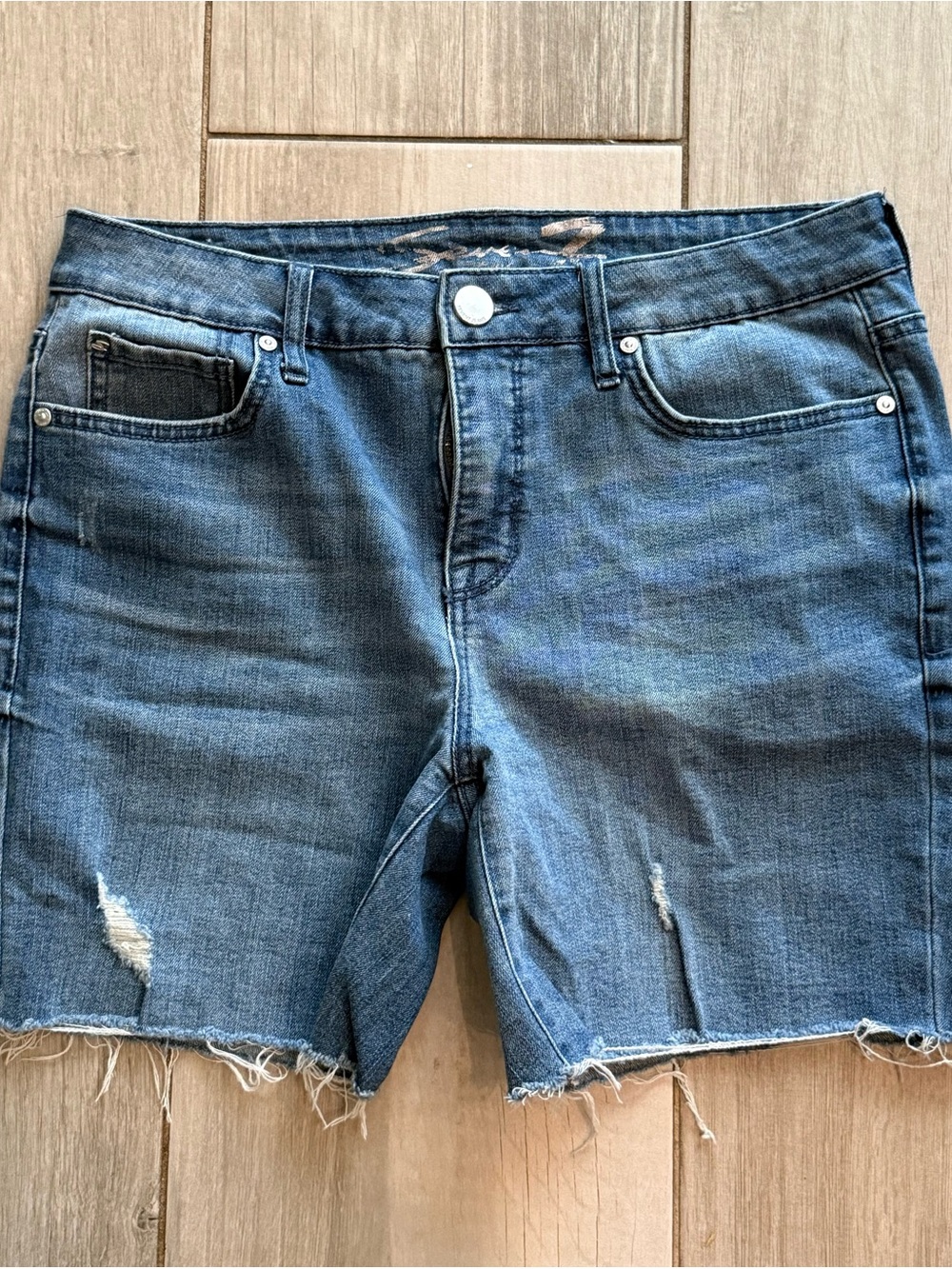 Seven7 Distressed Raw Hem Denim Shorts - Blue